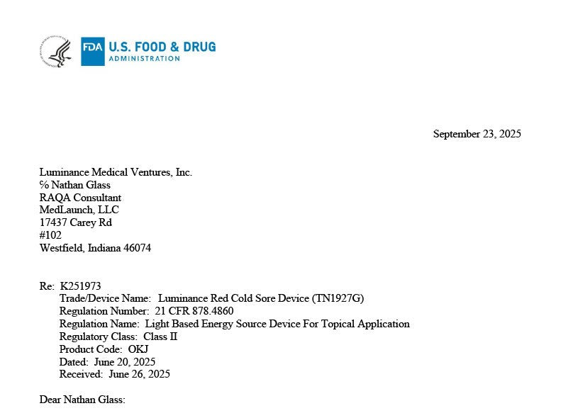 Official FDA clearance letter K251973 for Luminance RED cold sore device dated September 23, 2025