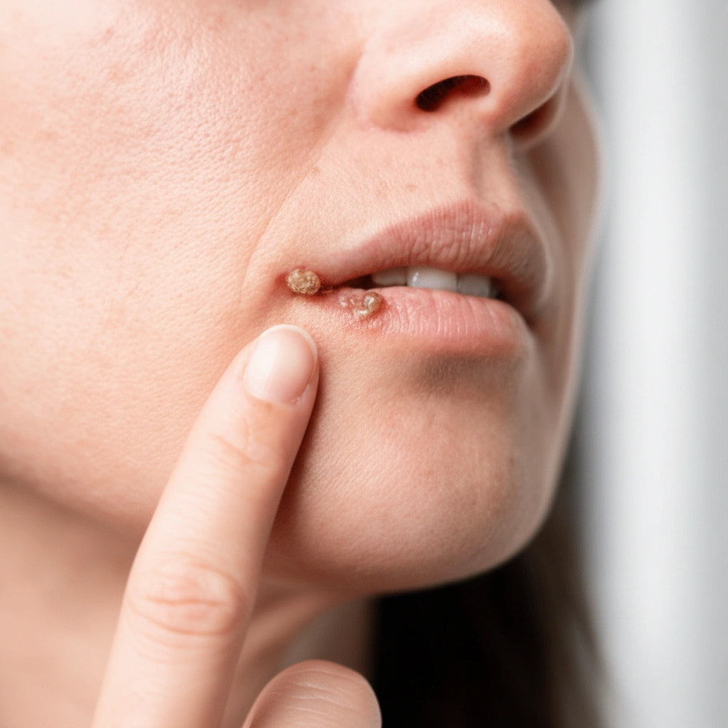 Close-up of cold sore outbreak on lips showing typical HSV-1 lesions